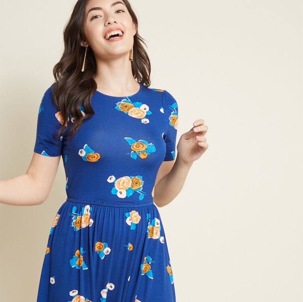 ModCloth Royal Blue Floral Fit-and-Flare Dress